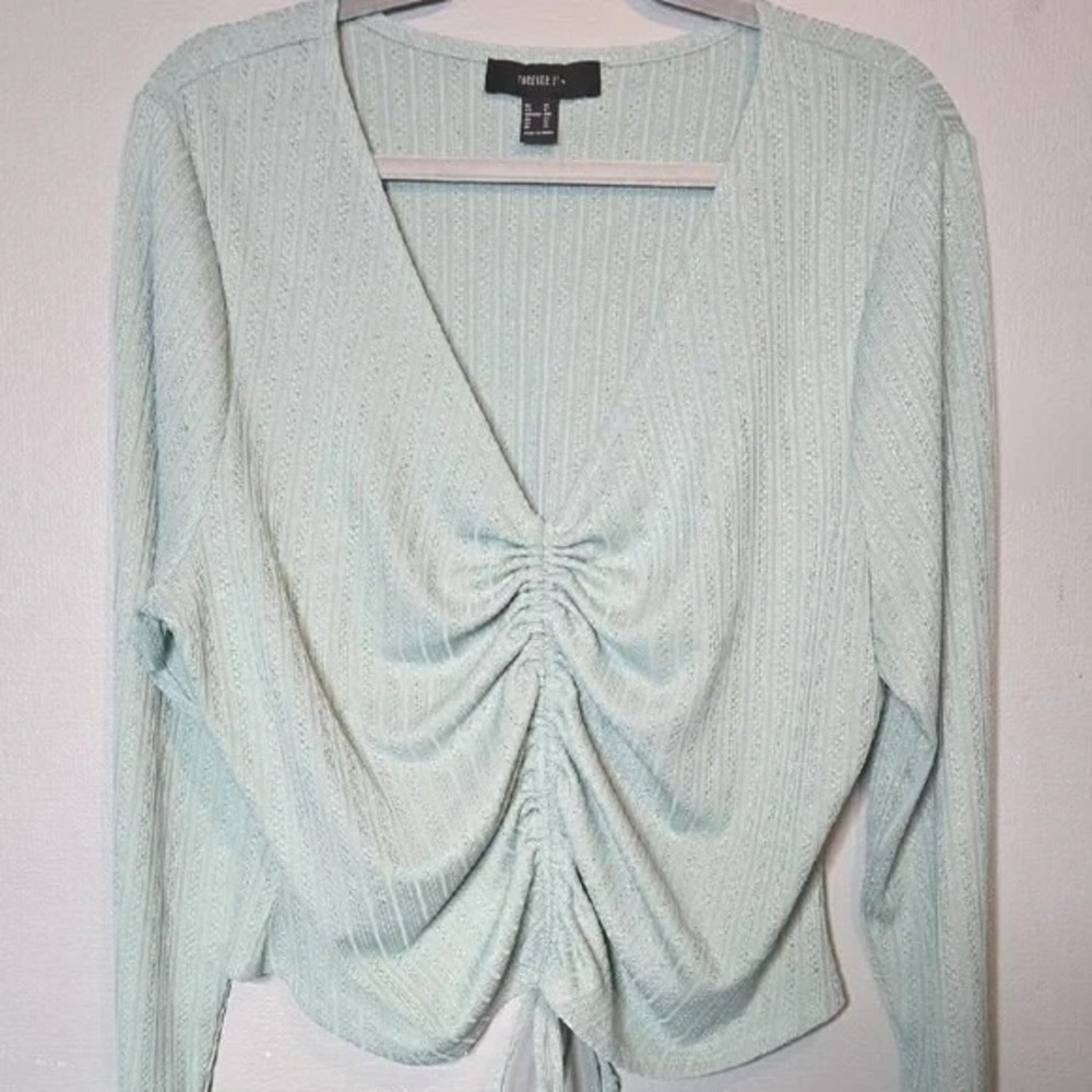 Forever 21 Ruched Drawstring Front Crop Long Sleeve Top, Fairy Romantic, 3x
